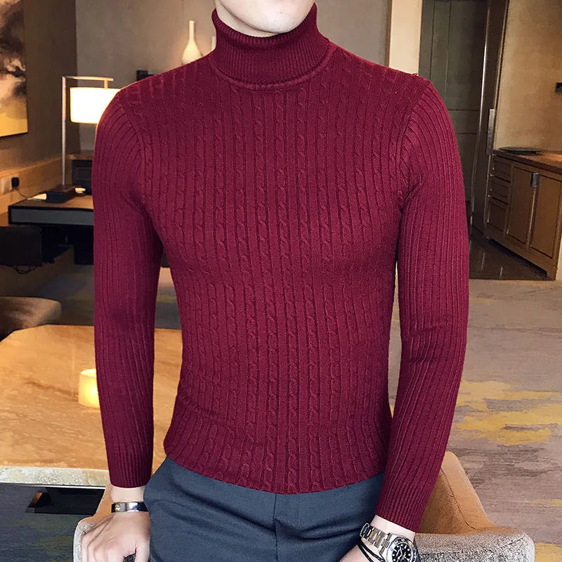 Pull pour homme automne et hiver, haut chaud en tricot fin et élastique, polyvalent, col haut, couleur unie, pull moulant