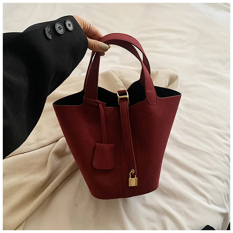 Basket Bag for Women 2024 Autumn and Winter New Frosted Bucket Bag Handbag Casual Red Wedding Bag