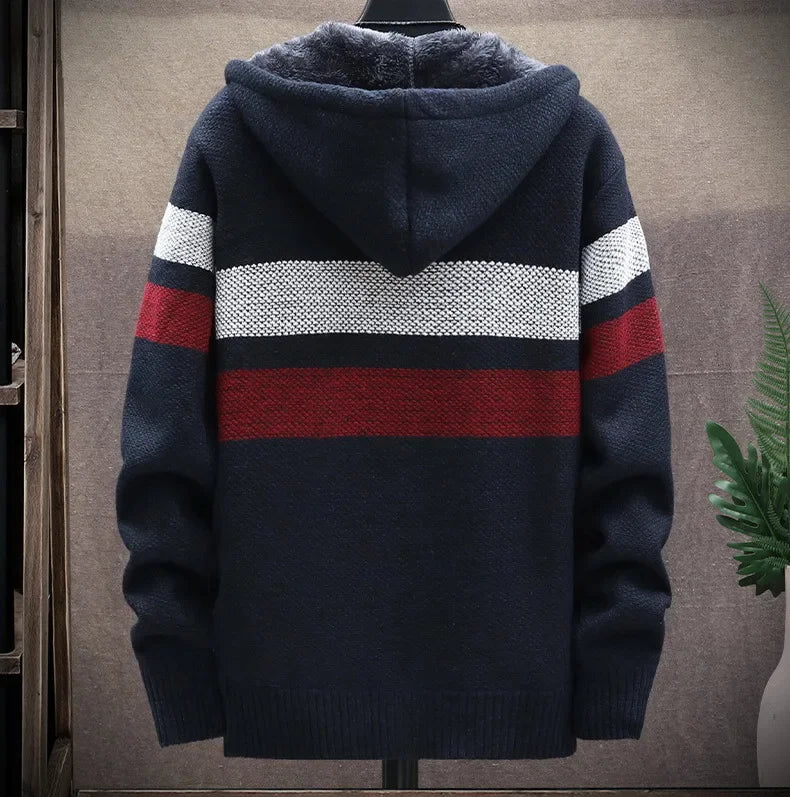 Customized Striped Mens Sweater Coat Thick Fleece Warm Zipper Wool Hooded Cardigan Jumpers Men Long Sleeve Knitted Sweaters