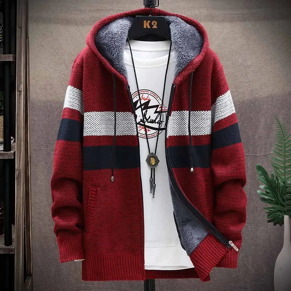 Customized Striped Mens Sweater Coat Thick Fleece Warm Zipper Wool Hooded Cardigan Jumpers Men Long Sleeve Knitted Sweaters