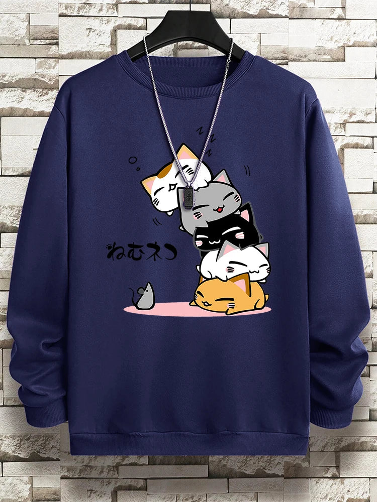 Cute Stacked Cats Sleep Clothing Man Hoody Hip Hop O-Neck Sweatshirts Vintage Casual Loose Hoodies Autumn New Loose Clothes