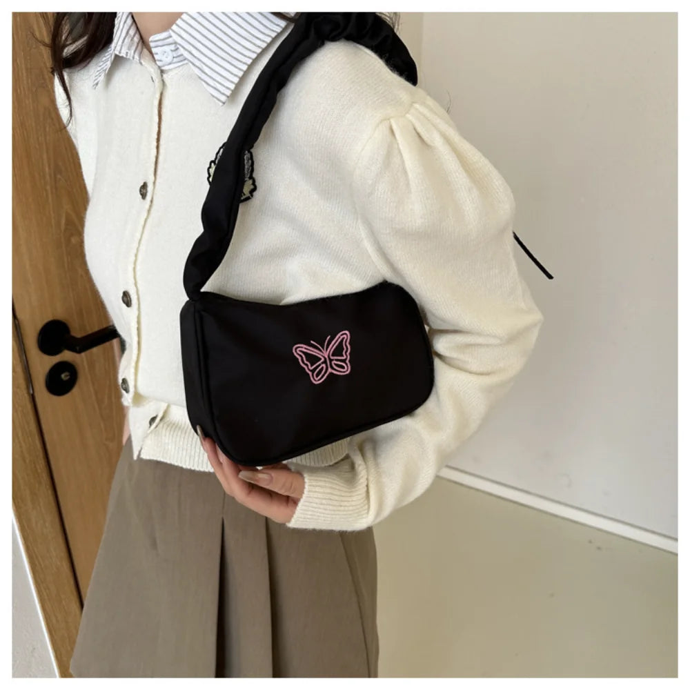 Embroidery Bowknot Butterfly Shoulder Bag Y2k-Style Ruffle Handle Nylon Bow Tote Bag Makeup Lipstick Bag Handbag New