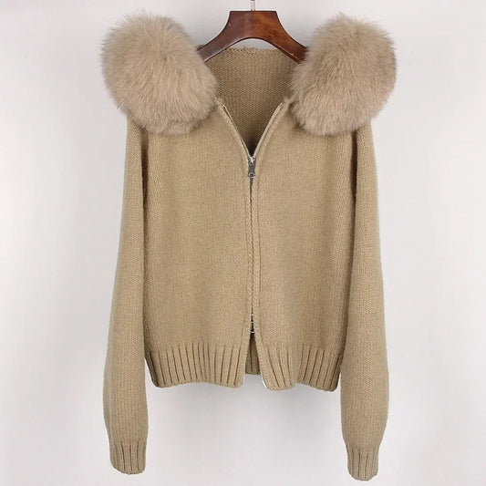 2024 Fashion Autumn Winter Casual Hooded Real Fox Fur Collar Fashion Short Knitted Jacket with Natural Fur Coat for Women