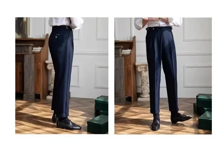 Spring Autumn White Men's Trousers Business Casual Cropped Pants Paris Button Trendy Italian Style