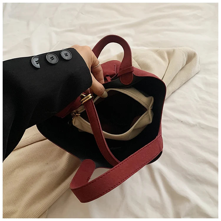 Basket Bag for Women 2024 Autumn and Winter New Frosted Bucket Bag Handbag Casual Red Wedding Bag