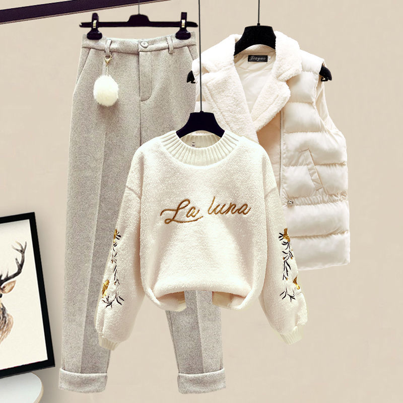 Thickened Cotton Jacket Vest Knitted Long Sleeved Sweater Pullover Woolen Pants Three Piece Elegant Women's Pants Set