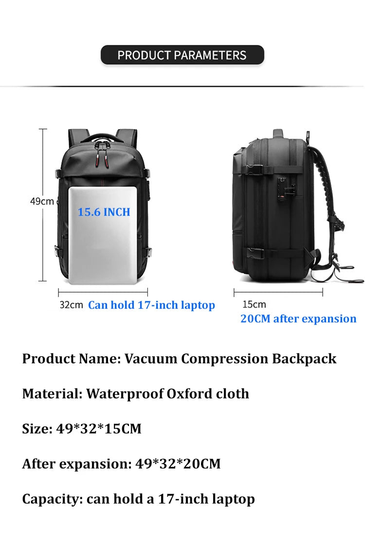 Men Travel Backpack vacuum compression 17 inch Laptop Backpack Business Large Capacity school Backpack Expanded Hiking backpack