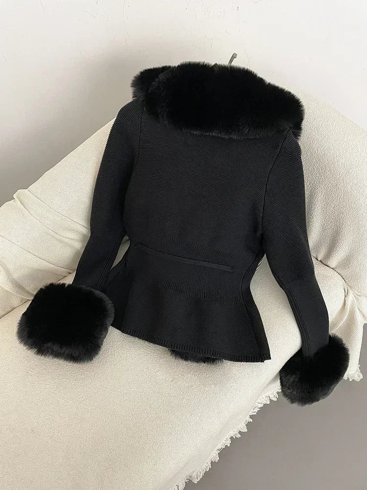 Autumn/Winter 2024 Women's Fur Coat Luxury Patchwork Knitted Sweater Bandage Fur Cardigan Detachable Collar Jacket Faux Fur Coat