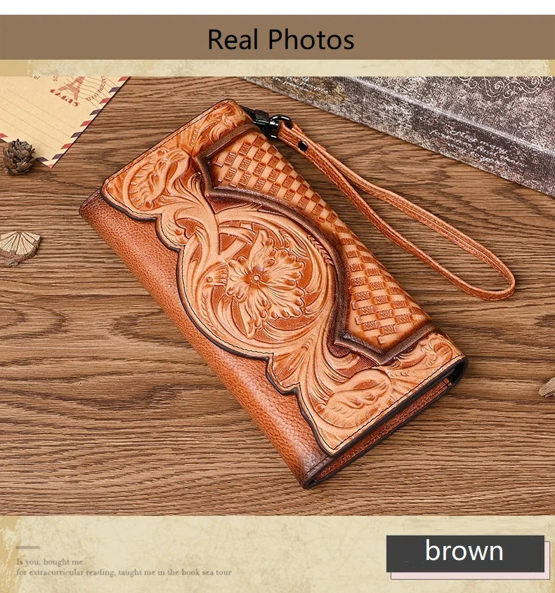 Floral Genuine Leather Wallet Women Handmade Real First Layer Cow Leather Clutch Bag Large Female Card Holder Purse