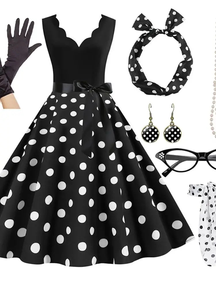 Women's A-Line Rockabilly Dress Polka Dots Swing Dress Flare Dress with Accessories Set 1950s 60s Retro Vintage