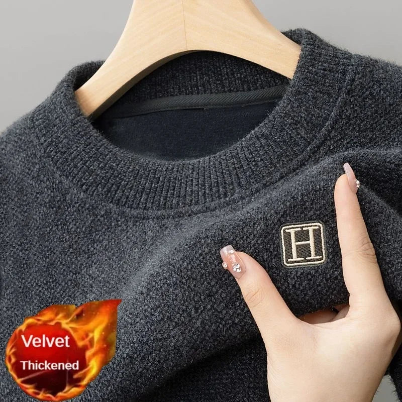 Pull polaire chaud d'hiver pour hommes, col rond, brodé, décontracté, tricoté, sous-vêtement thermique épais