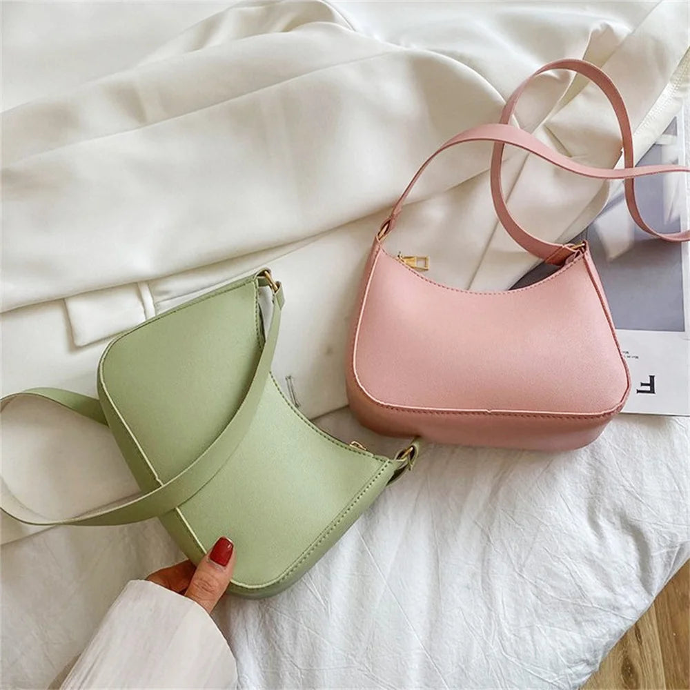 2024 New Women's Fashion Handbags Retro Solid Color PU Leather Shoulder Underarm Bag Casual Women Hobos Small Clutch Purse