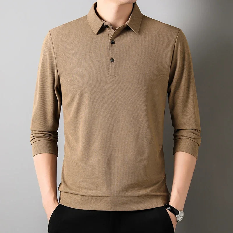 Men's Fashion Waffle Solid Long Sleeved Polo Shirt Summer Breathable Comfortable Top