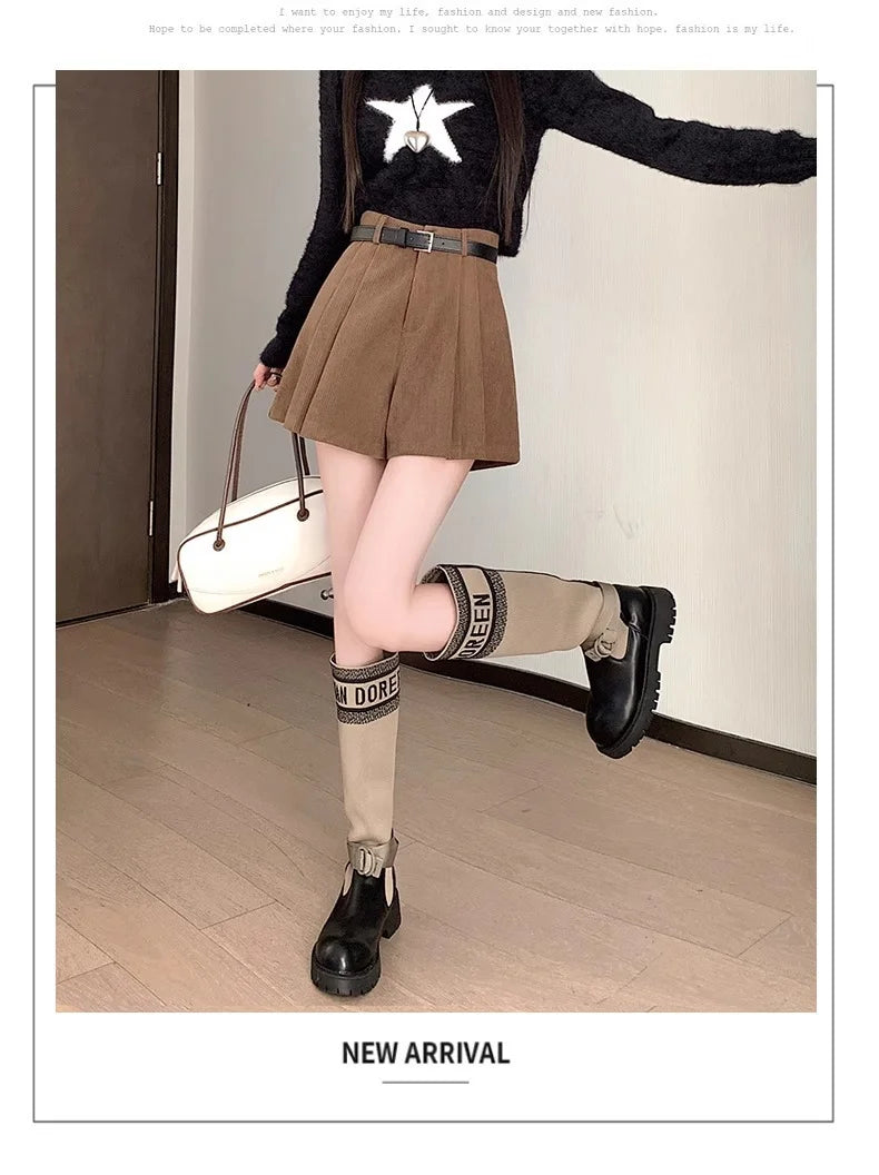 Corduroy Velvet Women Shorts Autumn Winter High Waist Slim Flared Trousers Fashionable Temperament A- crotch Boots