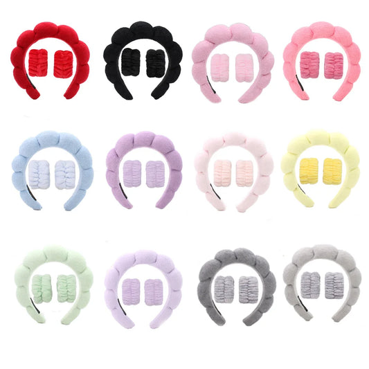 3PCS Spa Headband for Washing Face Wristband Set Sponge Makeup Headband Wrist Towels Bubble Hairband for Women Hair Accessories