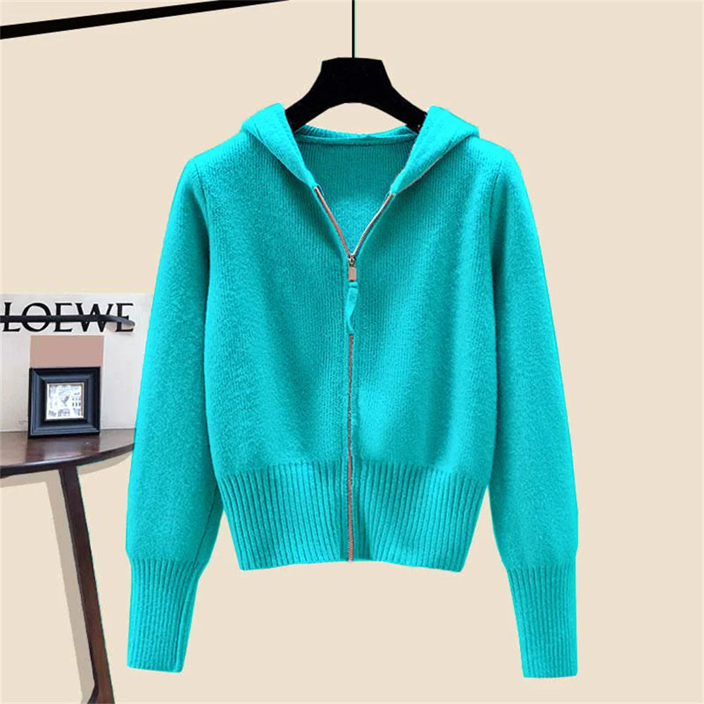 Autumn Winter Long Sleeved Double Zipper Soft Cardigan Sweater With Hat Design Top Spring Fashion Hooded Sweater Jacket Women