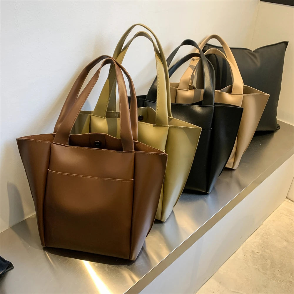 Sac fourre-tout décontracté en cuir souple de haute qualité pour femme, couleur unie, grande capacité, sac à bandoulière simple avec poche extérieure