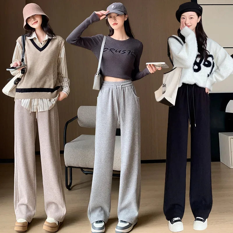 Women's Winter Thickened Fleece-lined Bell Bottoms Casual Straight-leg Pants High-waisted Draped Rice Cake Trousers New Model