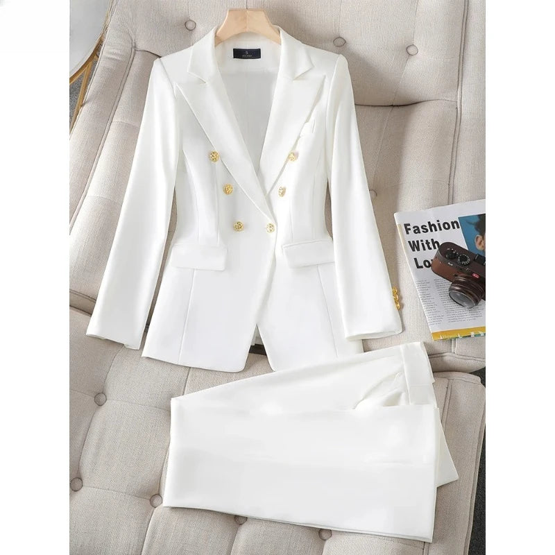 Button Decoration Formal Jacket Blazer and Trouser 2 Piece Set Fashion Pink Green Black Ladies Work Wear Pant Suit Women