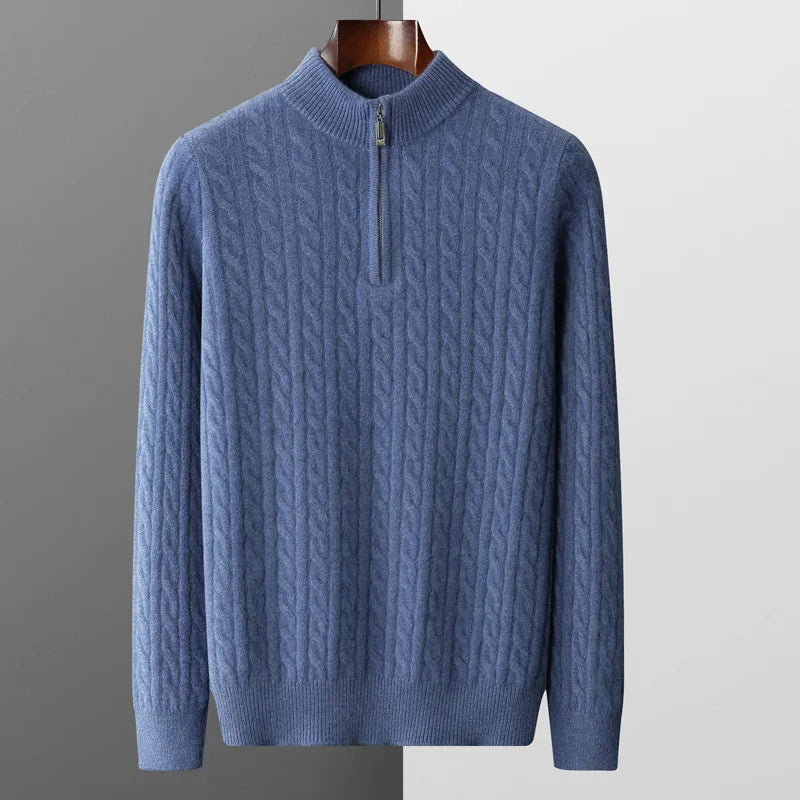 Pull en cachemire 100 % laine mérinos pour homme, automne et hiver, épais, torsadé, col zippé, chemise basse, pull en tricot grande taille