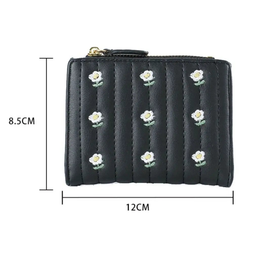 PU Leather Short Wallet New Mini Zipper Money Bag Solid Color Flower Card Holders Girl