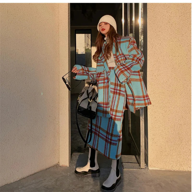 Checkered Suit Jacket for Women's Autumn/Winter 2024 Hong Kong Style Retro Small Fragrant Half Skirt Two-piece Set Trendy Trendy