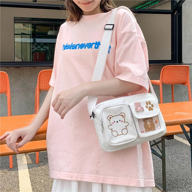 Canvas Small Bag Japanese ins Women Shoulder Bag Cute Funny Personality Embroidery Bear Girl Student Transparent Messenger Bag