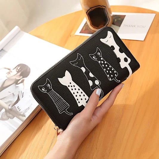 Women European and American Cats Cute Cartoon Embroidery Thread Ladies Zipper Long Wallet Clutch Bag Simple Fashion