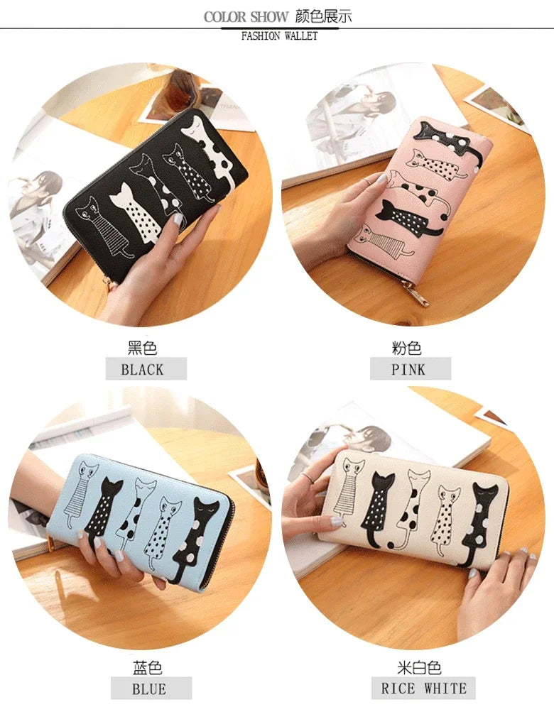 Women European and American Cats Cute Cartoon Embroidery Thread Ladies Zipper Long Wallet Clutch Bag Simple Fashion