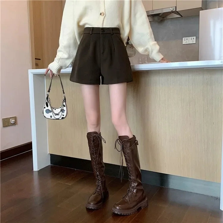 Black Woolen Shorts Women's Autumn/winter Outerwear Petite High-waisted Bell Bottoms 2023 New Slimming Base Boot Pants