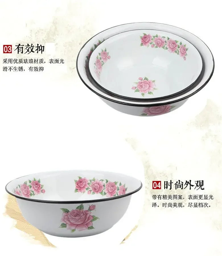 Extra Thick Enamel Basin Washbasin Kneading Fruit Kitchen Vegetable Washing Dishwashing Dining Room Sets Flower Pattern Nordic