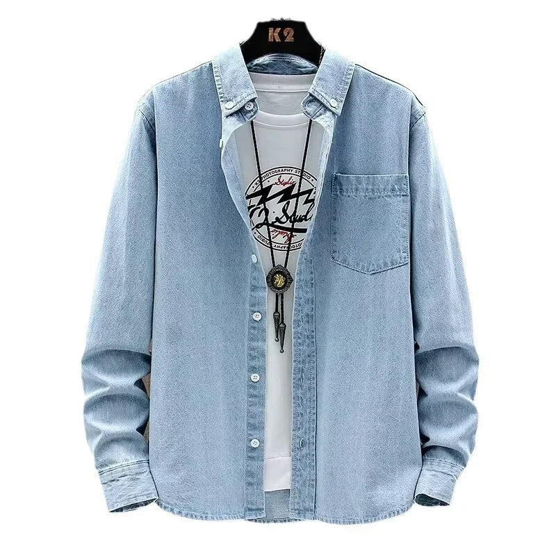 Japanese Style Solid Color Ultra-thin Long Sleeve Denim Shirt For Men Women Fashionable Trendy Simple Loose-fit Casual Jacket