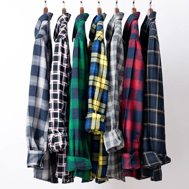 Spring and Autumn Fashion Cotton Long Sleeve Men's Shirt New Brushed Red Plaid Business Leisure Fit Flannel No iron