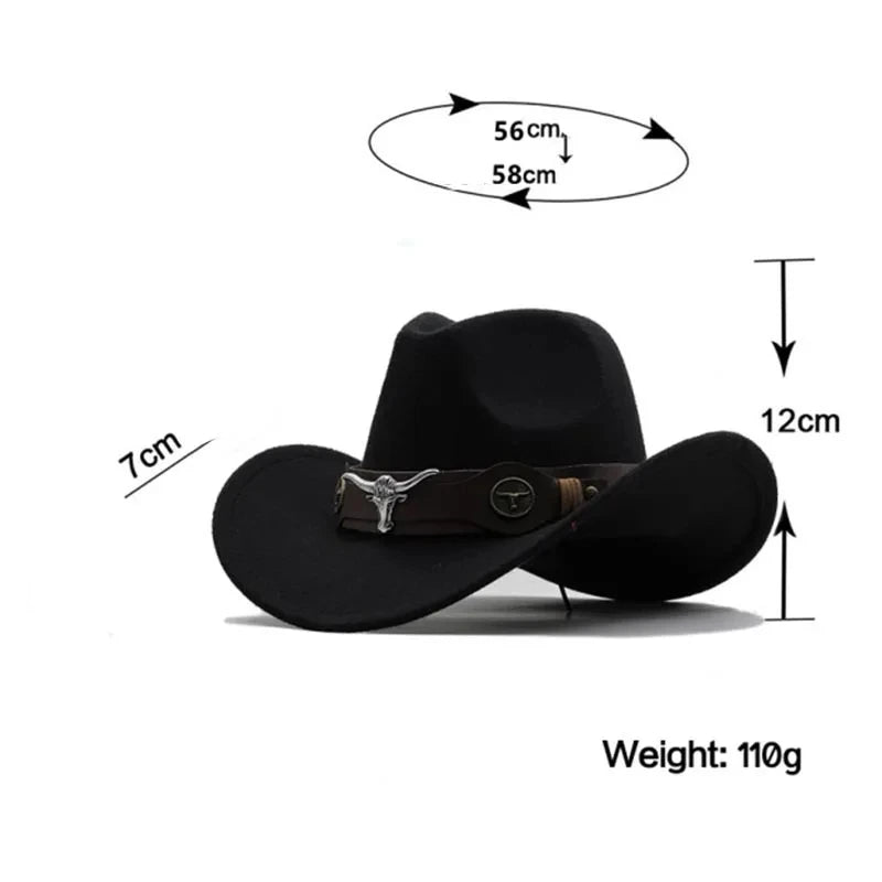 Western Cowboy Hat Roll Brim Cowgirl Cap Cowboy Jazz Fedora Hats Felt Cap with Cow Band for Women Men Children