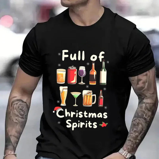 Funny Christmas Party T-Shirt Full of Christmas Spirits Tees Merry Xmas Drinking Gift for Men Clothing Casual Short Sleeve Tops