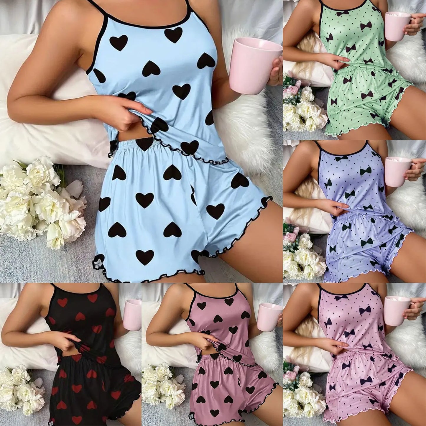 Women Satins Pajamas Set Cute Sexy Soft Cozy Thin Type Casual Printed Camisole Sleepwear With Shorts For Home Wear Daily Wear