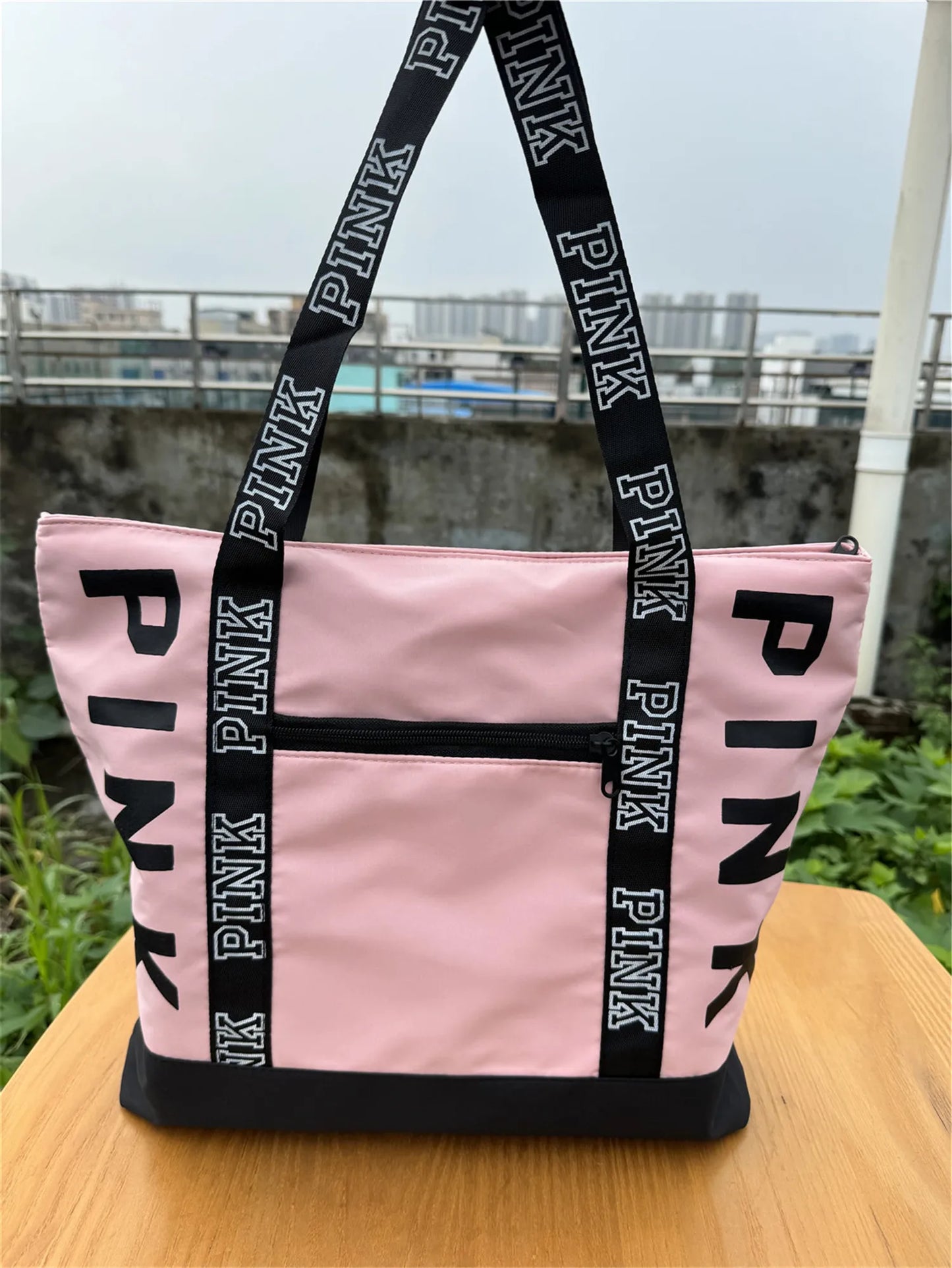 Sports Fitness Tote Bag Nylon Fabric Bags Women Handbag Pink Letter Graphic Tote Handbags Woman Shoulder Bags Casual