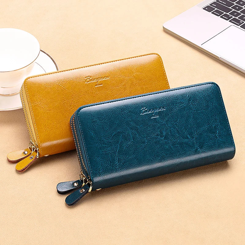 Genuine Leather Women Wallet 2024 Luxury Long Wallets for Women Large Capacity Clutch Bag Card Holder Purse Double Zipper Wallet