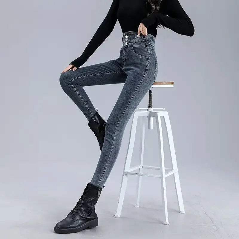 Jean skinny taille haute en velours épais pour femme, pantalon crayon décontracté en molleton simple et chaud, coupe slim, extensible, nouvelle collection hiver