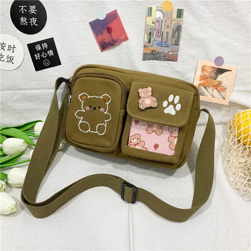 Canvas Small Bag Japanese ins Women Shoulder Bag Cute Funny Personality Embroidery Bear Girl Student Transparent Messenger Bag