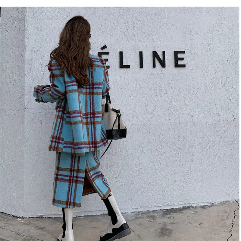 Checkered Suit Jacket for Women's Autumn/Winter 2024 Hong Kong Style Retro Small Fragrant Half Skirt Two-piece Set Trendy Trendy