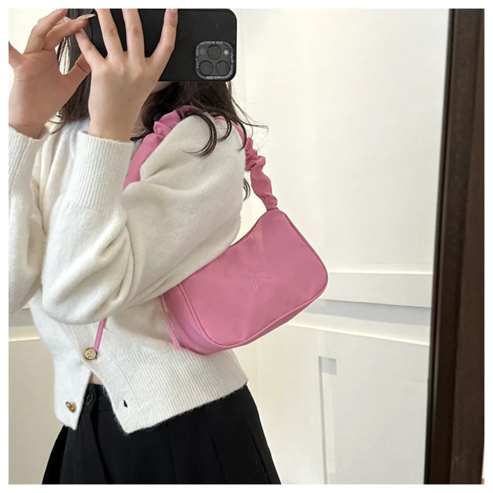 Embroidery Bowknot Butterfly Shoulder Bag Y2k-Style Ruffle Handle Nylon Bow Tote Bag Makeup Lipstick Bag Handbag New