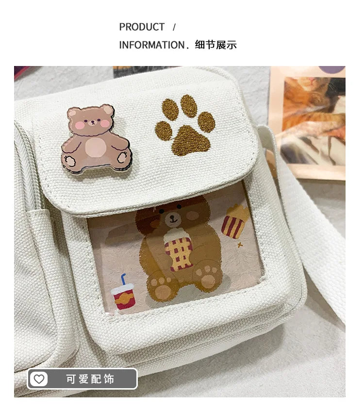 Canvas Small Bag Japanese ins Women Shoulder Bag Cute Funny Personality Embroidery Bear Girl Student Transparent Messenger Bag