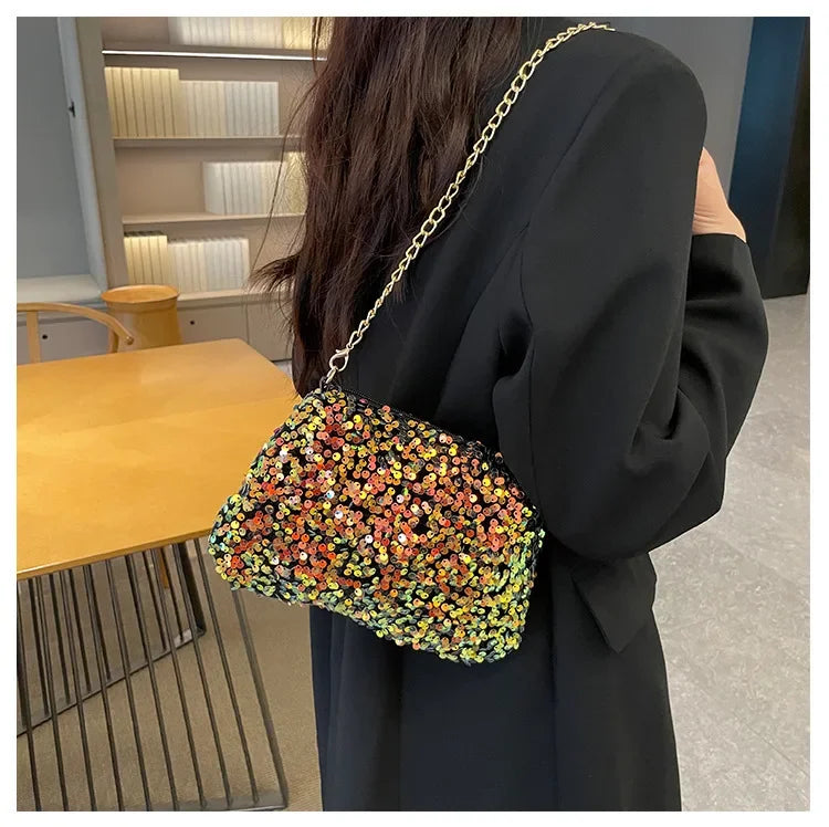 Sequins Crossbody Chain Bag Simple INS Solid Color Sequins Shoulder Bag Underarm Bag Phone Purse Evening Clutch Bags Handbag