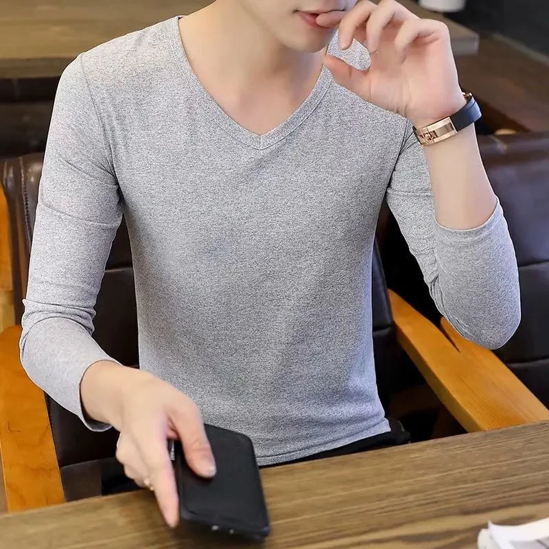 Men's Long Sleeve Black V-neck Base Layer T-shirt Solid Color Autumn Innerwear Thin Style Comfortable Men's Top