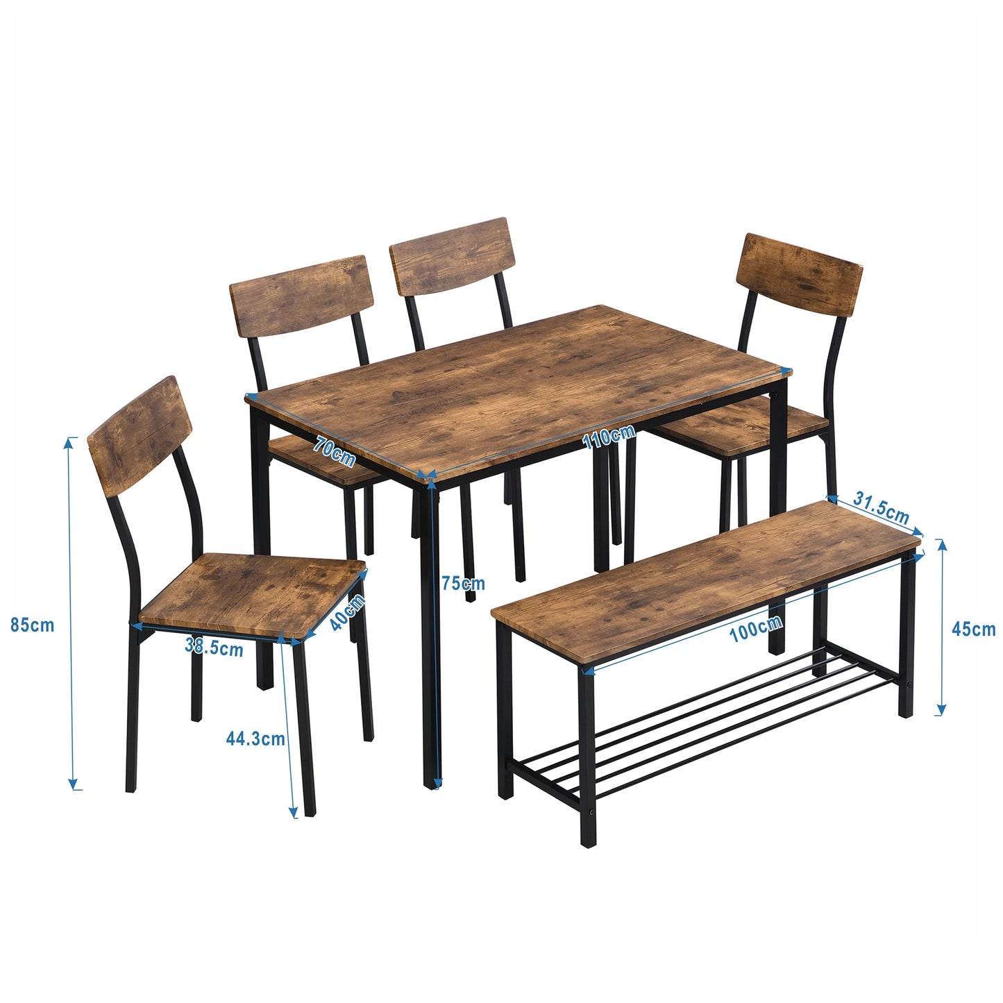 Dining table chair and bench set 6 Wood steel frame industrial style kitchen dining table set