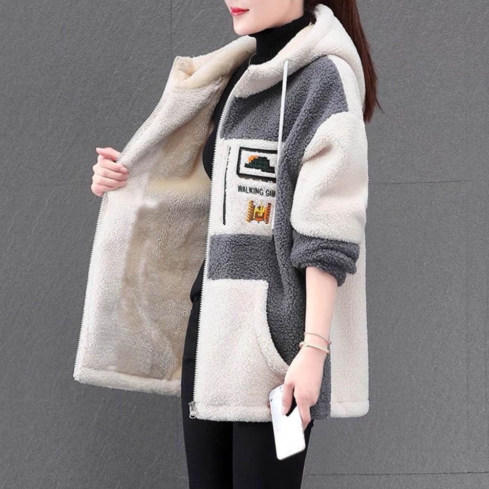 Zipper Closure Lady Coat Women Lightweight Jacket Cozy Hooded Colorblock Jacket Plush Embroidered Stylish Winter Coat for Women