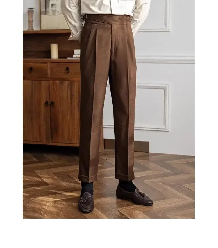 Spring Autumn White Men's Trousers Business Casual Cropped Pants Paris Button Trendy Italian Style