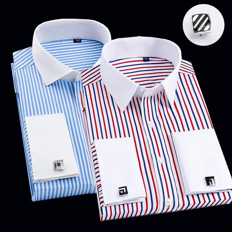 Men's French cufflink shirt with slim fit and contrasting color collar, Windsor collar, striped formal long sleeved shir