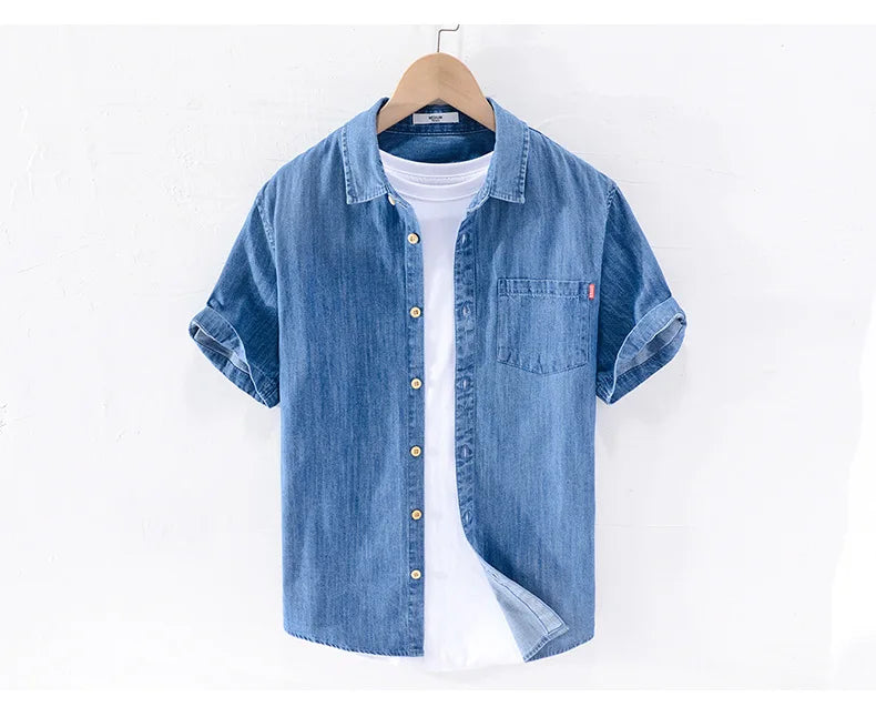 Men Denim Shirt , Thin Summer Half Sleeve Casual Top, Loose Trendy Handsome Short Sleeve ，Camping Denim Short Sleeve Jacket